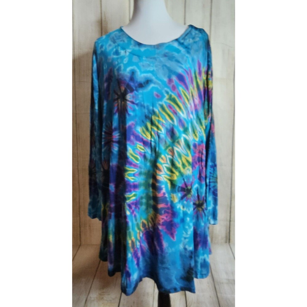 Purple Moon Women’s XL Tie Dye Tunic Top Blue Purple Long Sleeve Stretch Boho